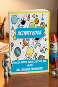 Activity Book cover featuring a playful space-themed illustration with astronauts, rockets, planets, and bubbles on a white background with a yellow border. The title 'ACTIVITY BOOK' is displayed in large white text inside a blue banner, with additional text at the bottom reading 'PUZZLES, MAZES, WORD SEARCHES, AND MORE! BY: LATASHA PARKMOND'.
