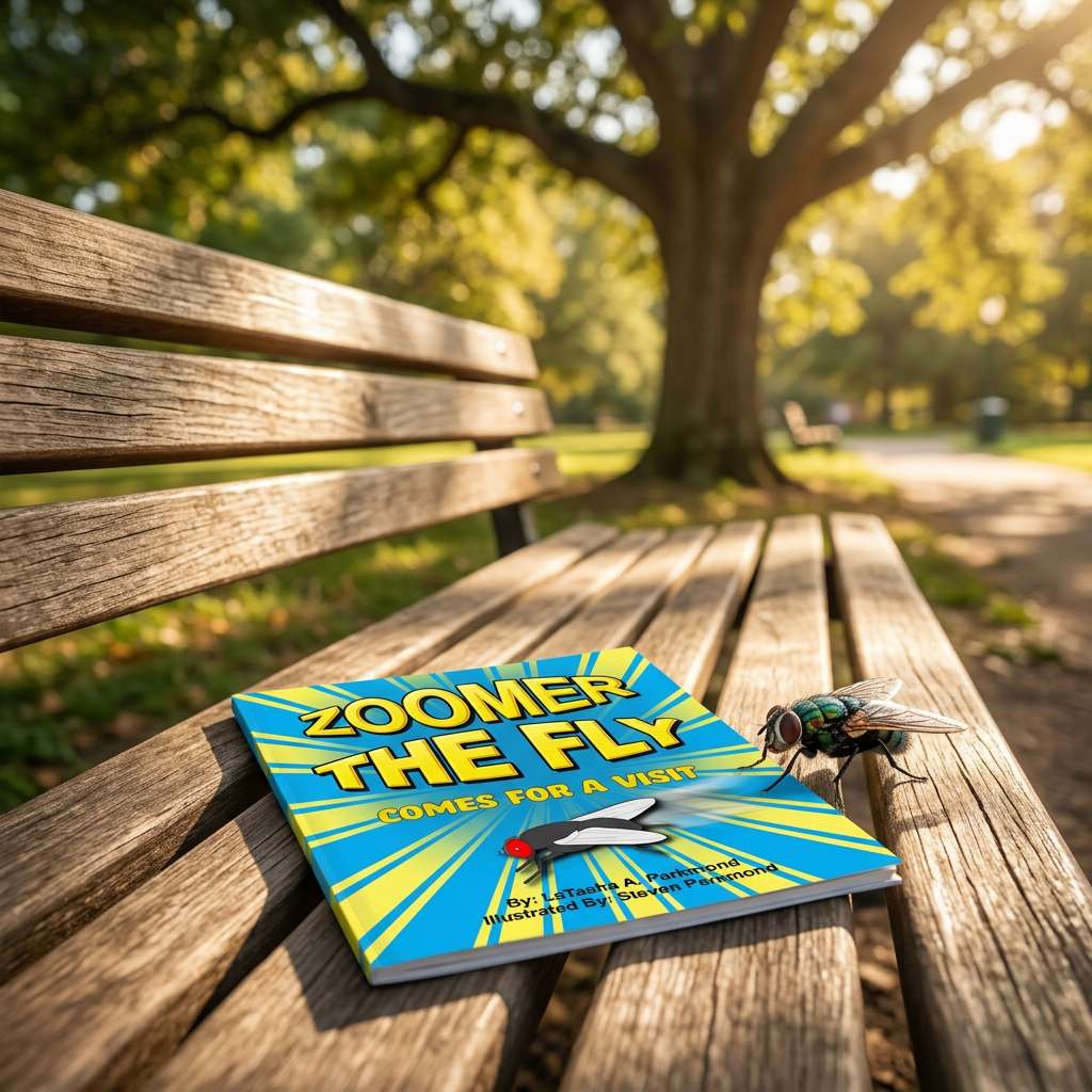 Children's book cover titled 'ZOOMER THE FLY COMES FOR A VISIT' with large yellow title text on a blue and yellow sunburst background and an illustration of a fly near the bottom.