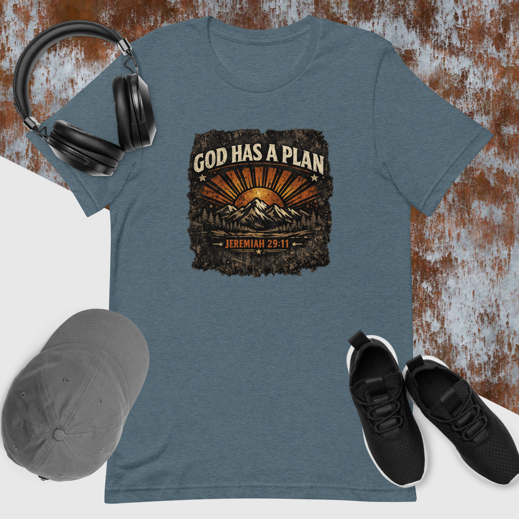Blue t-shirt with 'God Has a Plan' graphic, headphones, cap, and shoes on a textured background