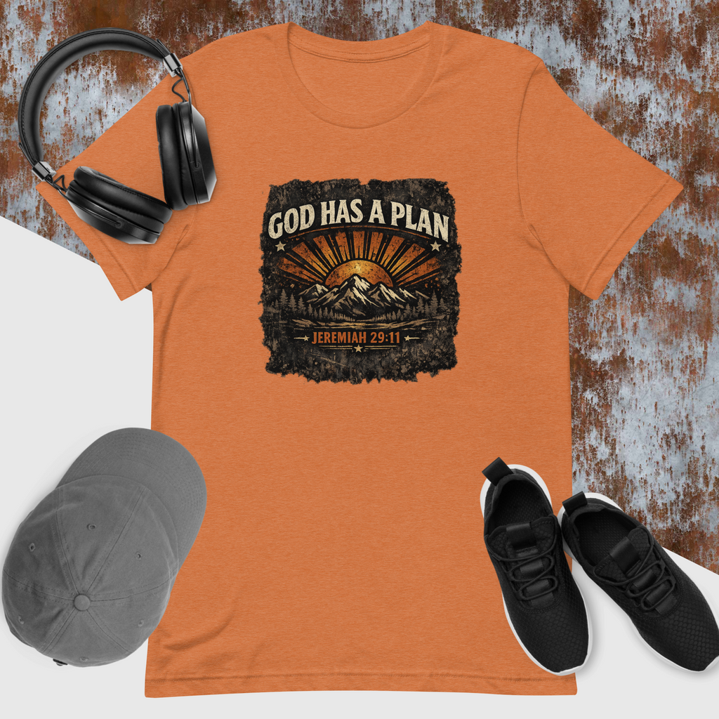 Orange t-shirt with 'God Has a Plan' graphic, headphones, cap, and shoes on a textured background