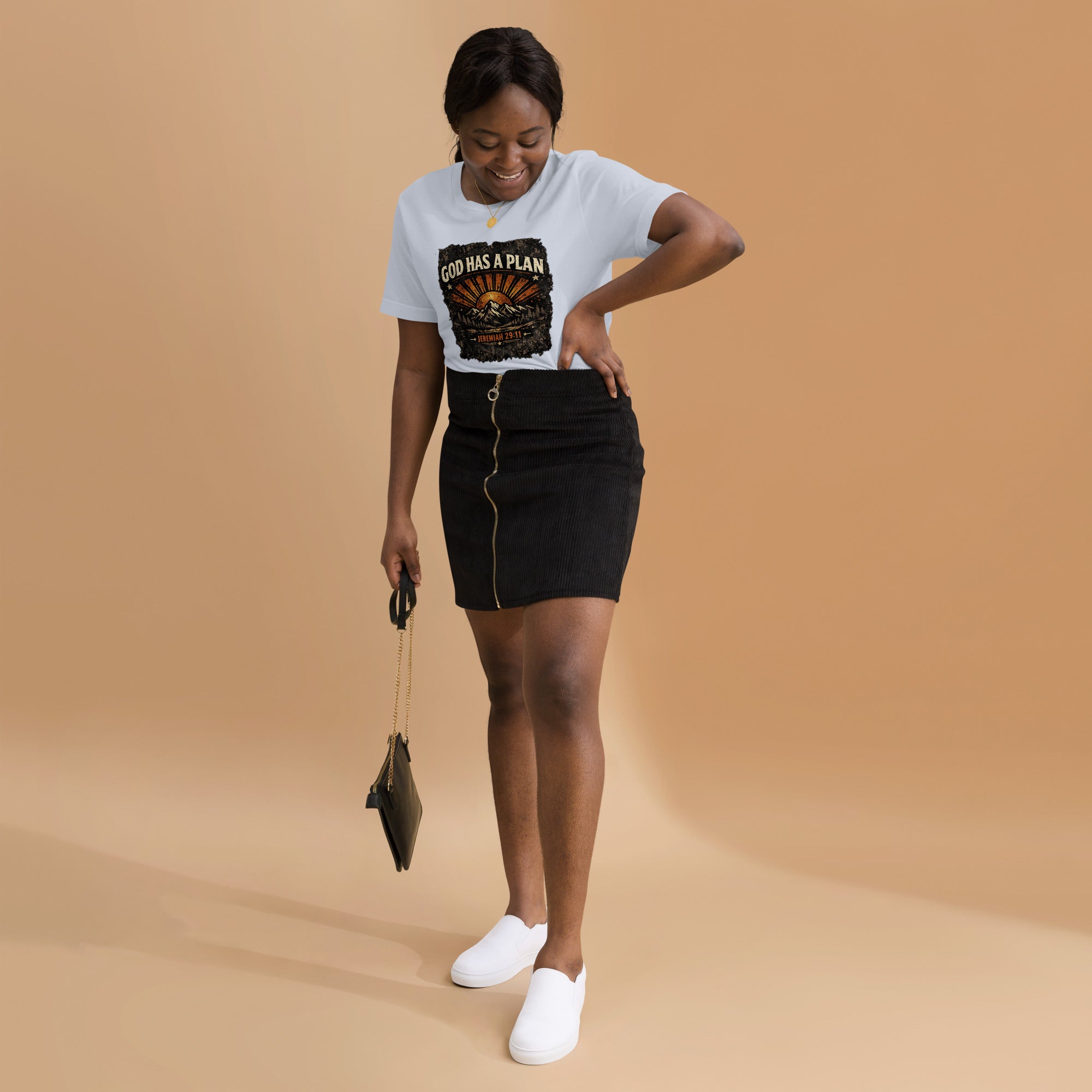 Lady wearing God Has A Plan Graphic Shirt