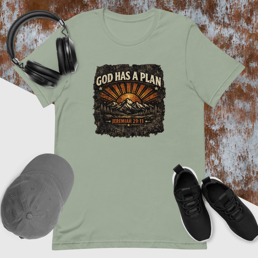 Green t-shirt with 'God Has a Plan' graphic, black sneakers, cap, and headphones on a textured surface.