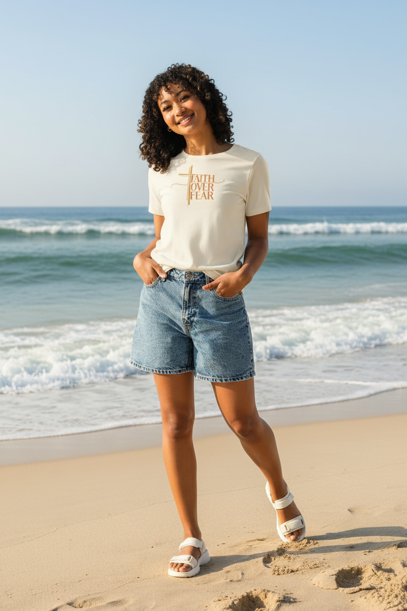 Woman wearing a white faith over fear t-shirt and denim shorts beach