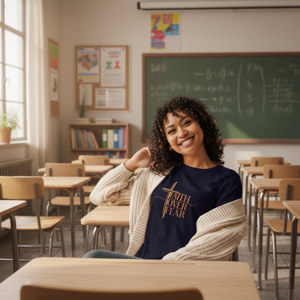 Woman wearing a navy sweatshirt with 'Faith Over Fear' text, sitting on a couch.