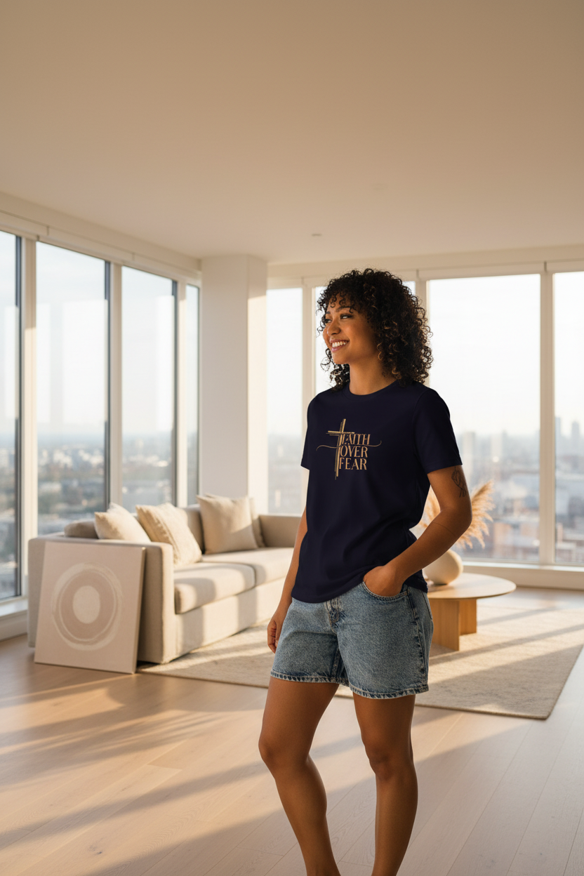 Woman wearing a navy  t-shirt with Faith Over Fear text, standing against a white background